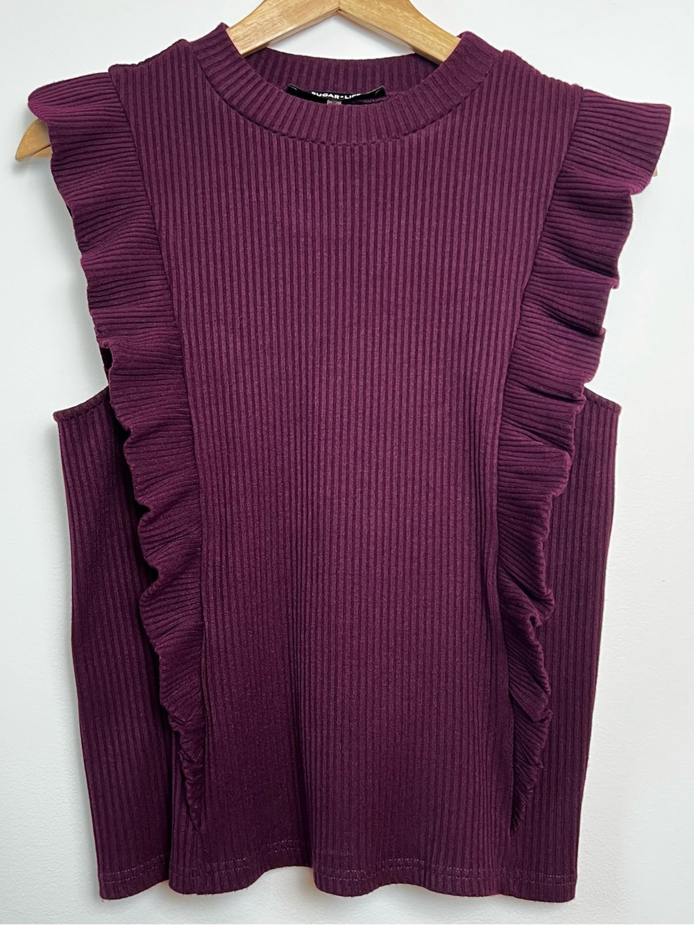 Sugar + Lips Ribbed Ruffle Sleeve Top Medium Plum Purple Knit